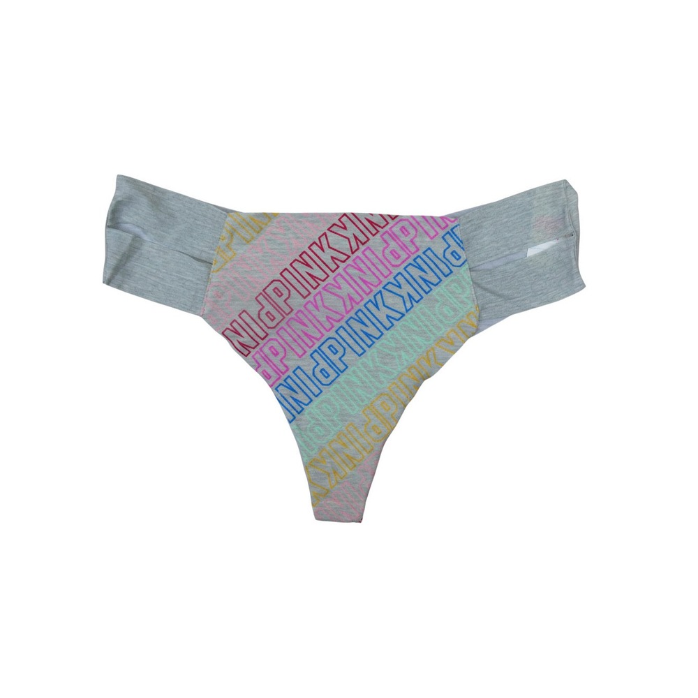 Victoria's Secret PINK Thong Women Medium Gray New Multi-Color Logo Print